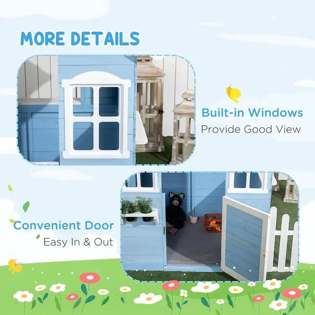 Alt view image 6 of 7 - Playhouse for Kids Outdoor Country Style Wooden for 3-7 Years Blue | Flower Pot Holders, Working Door, Windows, Service Stations