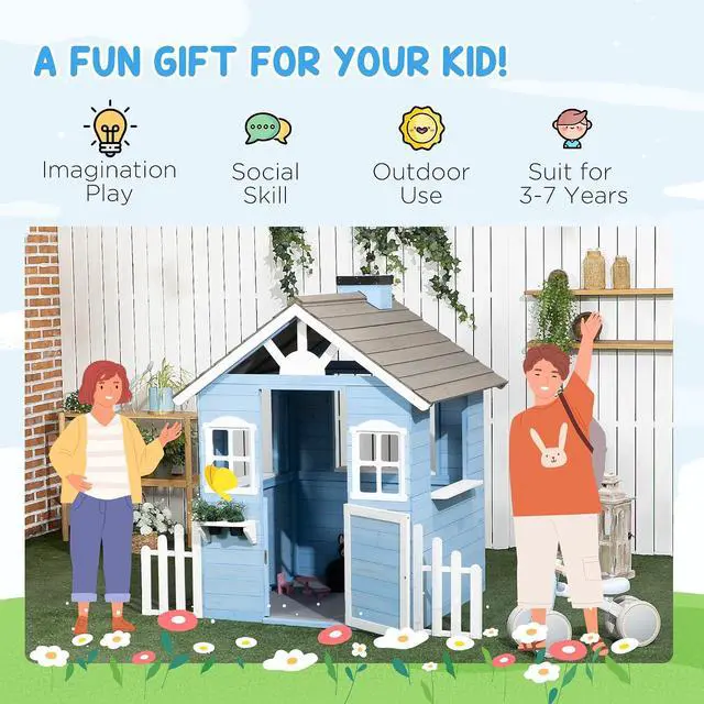 Alt view image 5 of 7 - Playhouse for Kids Outdoor Country Style Wooden for 3-7 Years Blue | Flower Pot Holders, Working Door, Windows, Service Stations