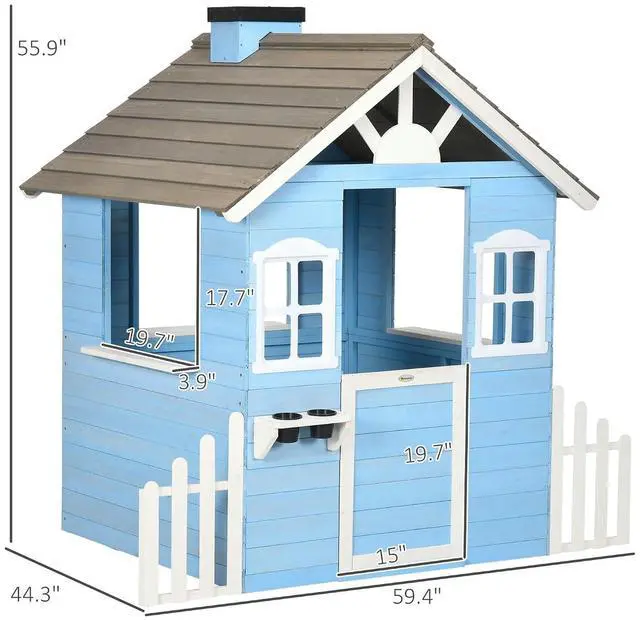 Alt view image 7 of 7 - Playhouse for Kids Outdoor Country Style Wooden for 3-7 Years Blue | Flower Pot Holders, Working Door, Windows, Service Stations