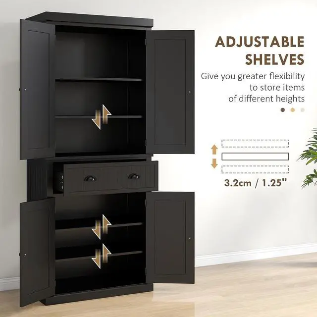 Alt view image 5 of 7 - 72" Kitchen Pantry Cabinet Freestanding Tall Storage Cabinet Black | Traditional Kitchen Pantry, 4 Doors, Drawer, 3 Adjustable Shelves, for Dining Room