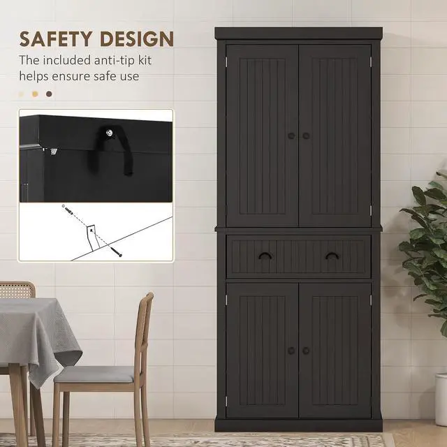 Alt view image 6 of 7 - 72" Kitchen Pantry Cabinet Freestanding Tall Storage Cabinet Black | Traditional Kitchen Pantry, 4 Doors, Drawer, 3 Adjustable Shelves, for Dining Room
