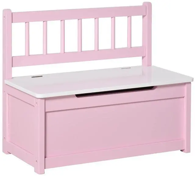 Main image of Qaba Toy Box Chest Kids Storage Bench Top Lid 24" x 12" x 20" Pink | Large 27 L Interior, Toy Organizer, Backrest, Kids Bedroom Furniture, Nursery Room, Playroom, Bedroom