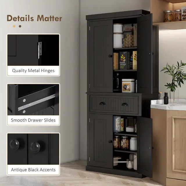 Alt view image 7 of 7 - 72" Kitchen Pantry Cabinet Freestanding Tall Storage Cabinet Black | Traditional Kitchen Pantry, 4 Doors, Drawer, 3 Adjustable Shelves, for Dining Room