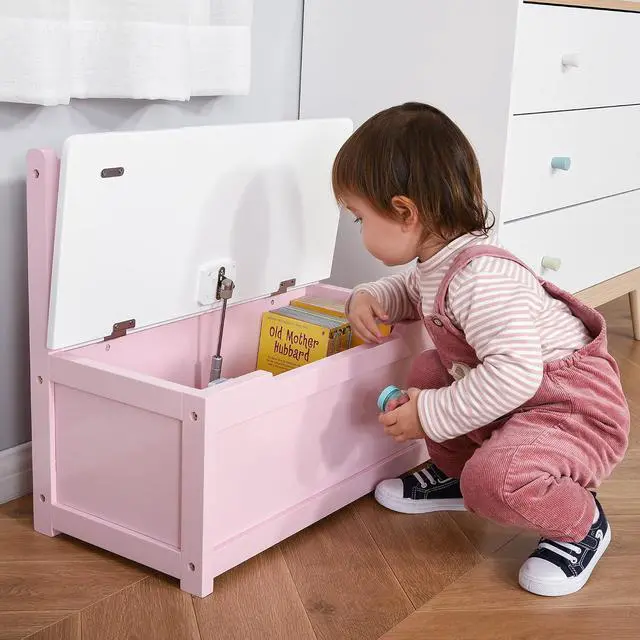 Alt view image 2 of 7 - Qaba Toy Box Chest Kids Storage Bench Top Lid 24" x 12" x 20" Pink | Large 27 L Interior, Toy Organizer, Backrest, Kids Bedroom Furniture, Nursery Room, Playroom, Bedroom