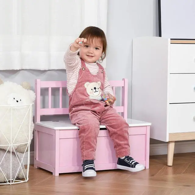 Alt view image 4 of 7 - Qaba Toy Box Chest Kids Storage Bench Top Lid 24" x 12" x 20" Pink | Large 27 L Interior, Toy Organizer, Backrest, Kids Bedroom Furniture, Nursery Room, Playroom, Bedroom