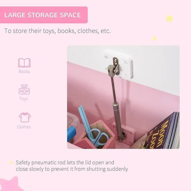 Alt view image 5 of 7 - Qaba Toy Box Chest Kids Storage Bench Top Lid 24" x 12" x 20" Pink | Large 27 L Interior, Toy Organizer, Backrest, Kids Bedroom Furniture, Nursery Room, Playroom, Bedroom