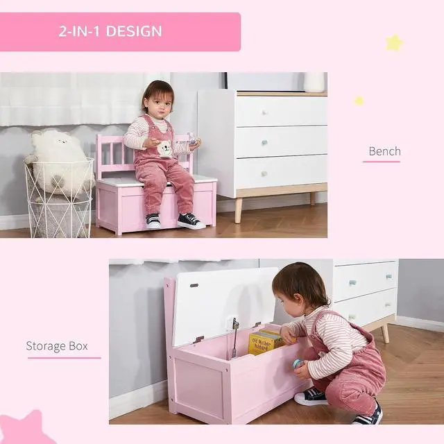 Alt view image 6 of 7 - Qaba Toy Box Chest Kids Storage Bench Top Lid 24" x 12" x 20" Pink | Large 27 L Interior, Toy Organizer, Backrest, Kids Bedroom Furniture, Nursery Room, Playroom, Bedroom