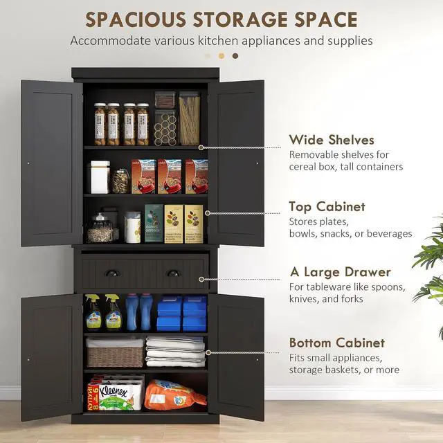 Alt view image 4 of 7 - 72" Kitchen Pantry Cabinet Freestanding Tall Storage Cabinet Black | Traditional Kitchen Pantry, 4 Doors, Drawer, 3 Adjustable Shelves, for Dining Room