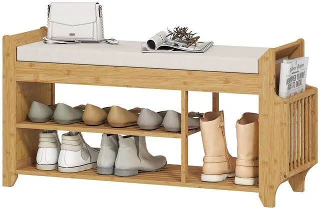 Main image of Shoe Bench, Entryway Bench, 2-Tier, 39.4", Natural and Cream | Cushioned Seat, Side Umbrella Holder, Natural Bamboo Shoe Rack, Hallway, Living Room