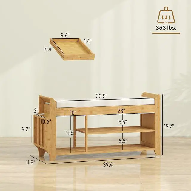 Alt view image 3 of 7 - Shoe Bench, Entryway Bench, 2-Tier, 39.4", Natural and Cream | Cushioned Seat, Side Umbrella Holder, Natural Bamboo Shoe Rack, Hallway, Living Room
