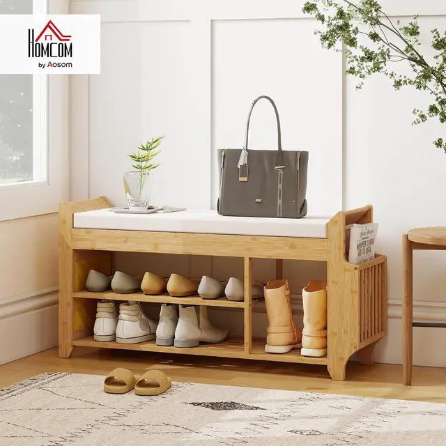 Alt view image 2 of 7 - Shoe Bench, Entryway Bench, 2-Tier, 39.4", Natural and Cream | Cushioned Seat, Side Umbrella Holder, Natural Bamboo Shoe Rack, Hallway, Living Room