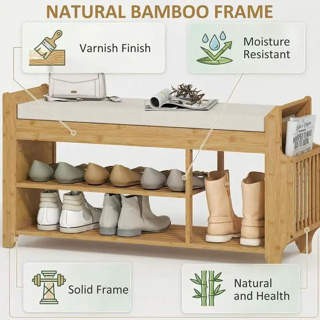 Alt view image 5 of 7 - Shoe Bench, Entryway Bench, 2-Tier, 39.4", Natural and Cream | Cushioned Seat, Side Umbrella Holder, Natural Bamboo Shoe Rack, Hallway, Living Room