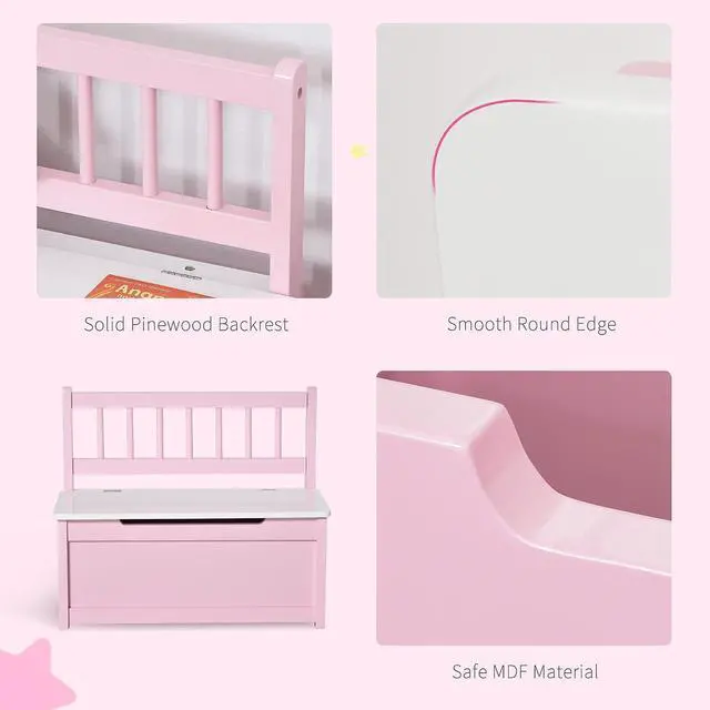 Alt view image 7 of 7 - Qaba Toy Box Chest Kids Storage Bench Top Lid 24" x 12" x 20" Pink | Large 27 L Interior, Toy Organizer, Backrest, Kids Bedroom Furniture, Nursery Room, Playroom, Bedroom