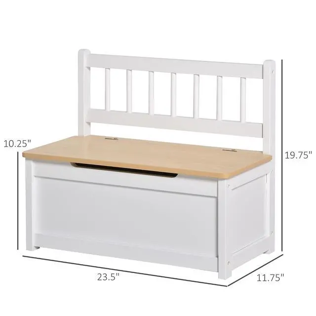 Alt view image 3 of 7 - Qaba Toy Box Chest Kids Storage Bench Top Lid 24" x 12" x 20" White | Large 27 L Interior, Toy Organizer, Backrest, Kids Bedroom Furniture, Nursery Room, Playroom, Bedroom