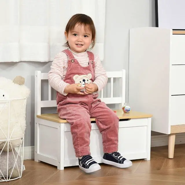 Alt view image 2 of 7 - Qaba Toy Box Chest Kids Storage Bench Top Lid 24" x 12" x 20" White | Large 27 L Interior, Toy Organizer, Backrest, Kids Bedroom Furniture, Nursery Room, Playroom, Bedroom
