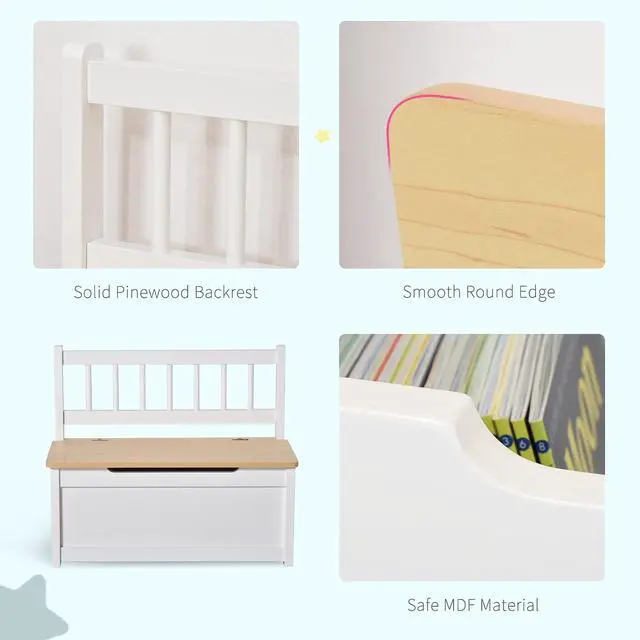 Alt view image 4 of 7 - Qaba Toy Box Chest Kids Storage Bench Top Lid 24" x 12" x 20" White | Large 27 L Interior, Toy Organizer, Backrest, Kids Bedroom Furniture, Nursery Room, Playroom, Bedroom