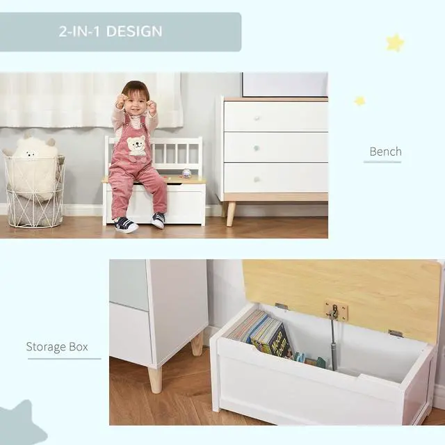 Alt view image 6 of 7 - Qaba Toy Box Chest Kids Storage Bench Top Lid 24" x 12" x 20" White | Large 27 L Interior, Toy Organizer, Backrest, Kids Bedroom Furniture, Nursery Room, Playroom, Bedroom