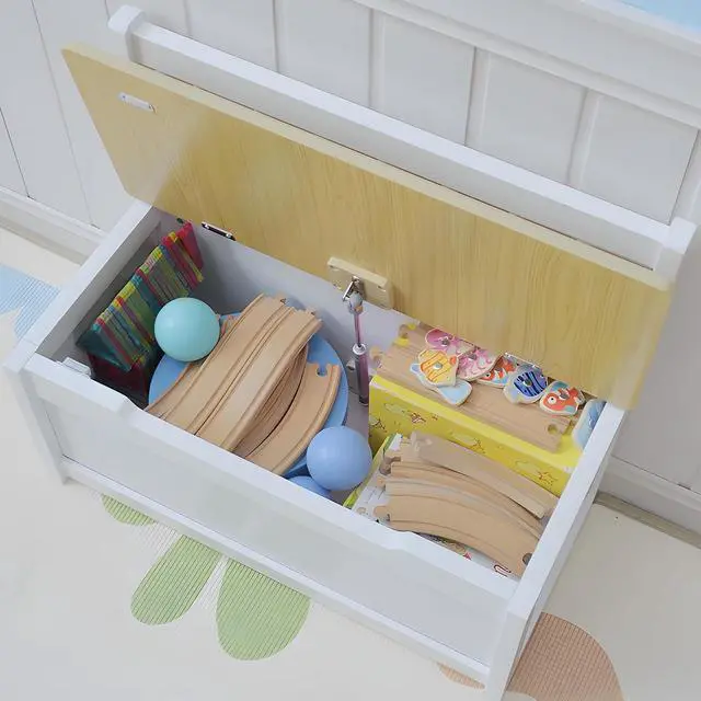 Alt view image 7 of 7 - Qaba Toy Box Chest Kids Storage Bench Top Lid 24" x 12" x 20" White | Large 27 L Interior, Toy Organizer, Backrest, Kids Bedroom Furniture, Nursery Room, Playroom, Bedroom