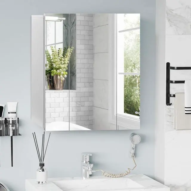 Alt view image 2 of 7 - kleankin Bathroom Medicine Cabinet with Mirror, 3 Doors, Wall Mount, White | Bathroom Mirror Cabinet, Adjustable Shelves