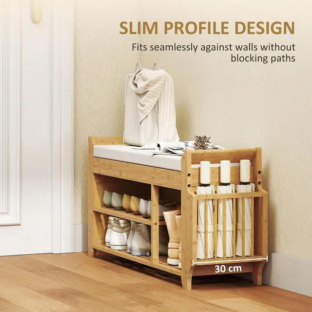 Alt view image 7 of 7 - Shoe Bench, Entryway Bench, 2-Tier, 39.4", Natural and Cream | Cushioned Seat, Side Umbrella Holder, Natural Bamboo Shoe Rack, Hallway, Living Room