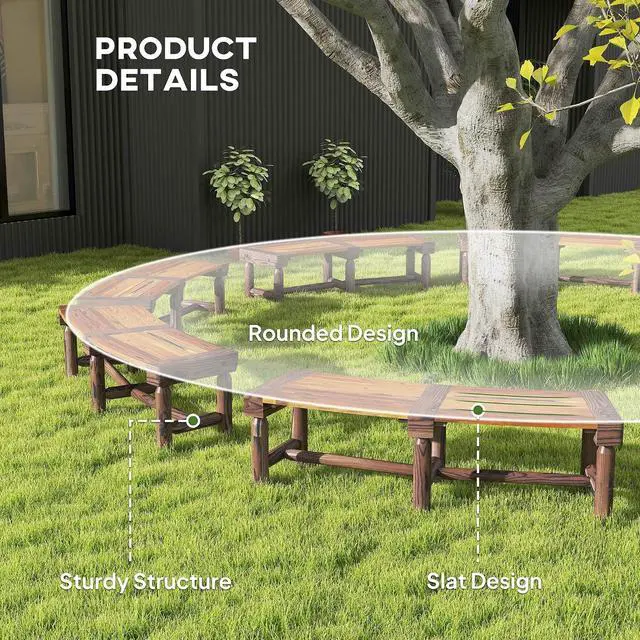 Alt view image 6 of 7 - Wooden Garden Bench Semicircular Round Outdoor Tree Bench Brown | Wrap Around, Park, Yard, Patio, Deck, Lawn