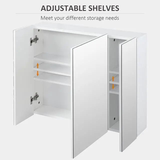Alt view image 6 of 7 - kleankin Bathroom Medicine Cabinet with Mirror, 3 Doors, Wall Mount, White | Bathroom Mirror Cabinet, Adjustable Shelves