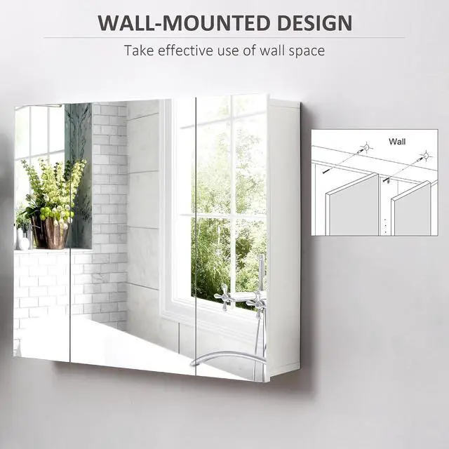 Alt view image 4 of 7 - kleankin Bathroom Medicine Cabinet with Mirror, 3 Doors, Wall Mount, White | Bathroom Mirror Cabinet, Adjustable Shelves