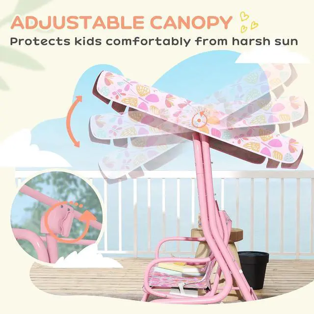 Alt view image 3 of 7 - Qaba Kids Patio Swing 2-Seater w/Adjustable Canopy Butterfly Pattern Pink | Outdoor Porch Swing Chair, Safety Belt, Hanging Bench, for Garden, Backyard