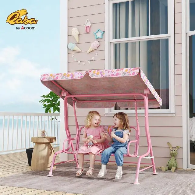 Alt view image 2 of 7 - Qaba Kids Patio Swing 2-Seater w/Adjustable Canopy Butterfly Pattern Pink | Outdoor Porch Swing Chair, Safety Belt, Hanging Bench, for Garden, Backyard