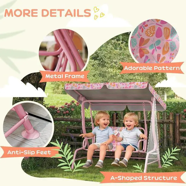 Alt view image 5 of 7 - Qaba Kids Patio Swing 2-Seater w/Adjustable Canopy Butterfly Pattern Pink | Outdoor Porch Swing Chair, Safety Belt, Hanging Bench, for Garden, Backyard