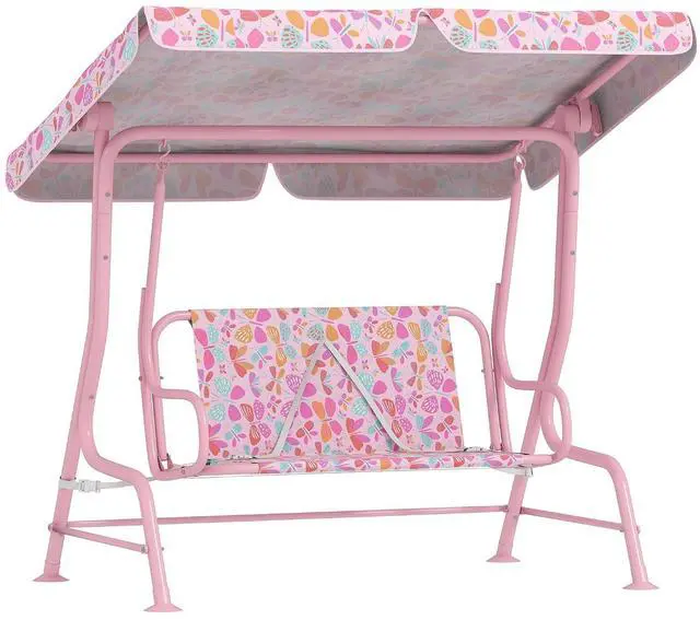 Main image of Qaba Kids Patio Swing 2-Seater w/Adjustable Canopy Butterfly Pattern Pink | Outdoor Porch Swing Chair, Safety Belt, Hanging Bench, for Garden, Backyard