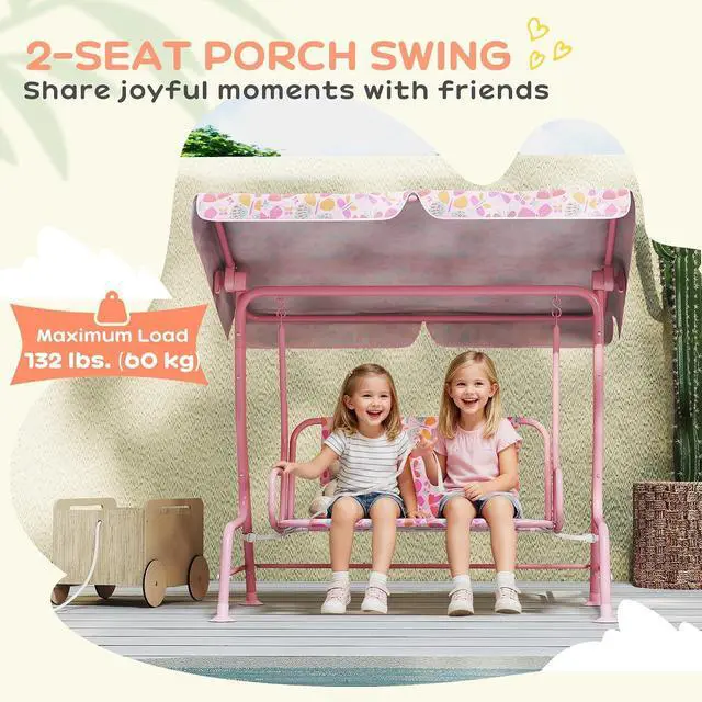 Alt view image 4 of 7 - Qaba Kids Patio Swing 2-Seater w/Adjustable Canopy Butterfly Pattern Pink | Outdoor Porch Swing Chair, Safety Belt, Hanging Bench, for Garden, Backyard