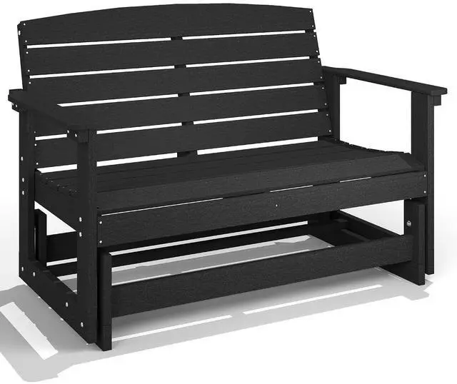 Main image of 2-Person Outdoor Glider Bench HDPE Weather Resistant Black | Patio Double Swing Glider Rocking Chair Loveseat, with Armrests, Slatted Seat and Backrest, for Backyard Garden Porch