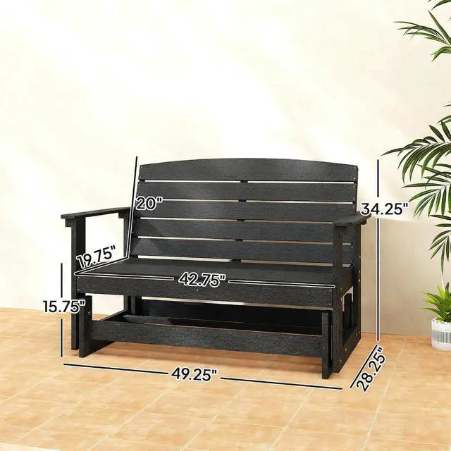 Alt view image 3 of 7 - 2-Person Outdoor Glider Bench HDPE Weather Resistant Black | Patio Double Swing Glider Rocking Chair Loveseat, with Armrests, Slatted Seat and Backrest, for Backyard Garden Porch