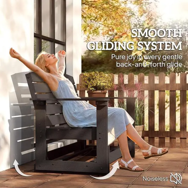 Alt view image 4 of 7 - 2-Person Outdoor Glider Bench HDPE Weather Resistant Black | Patio Double Swing Glider Rocking Chair Loveseat, with Armrests, Slatted Seat and Backrest, for Backyard Garden Porch