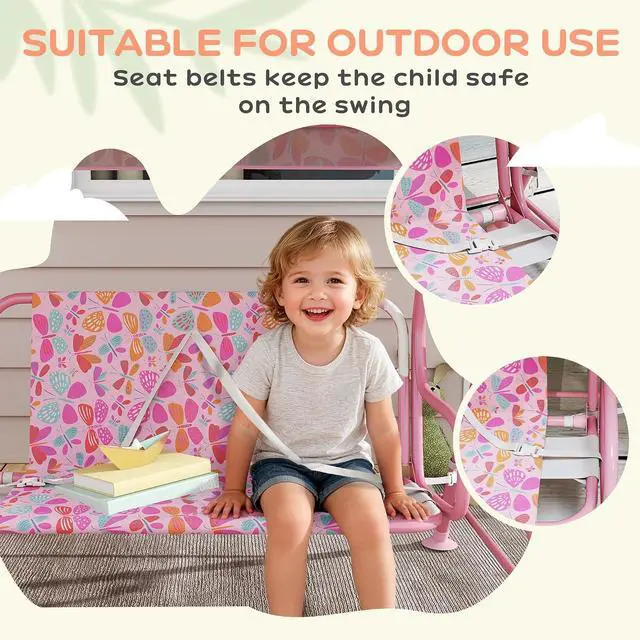 Alt view image 6 of 7 - Qaba Kids Patio Swing 2-Seater w/Adjustable Canopy Butterfly Pattern Pink | Outdoor Porch Swing Chair, Safety Belt, Hanging Bench, for Garden, Backyard
