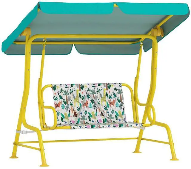 Main image of Qaba Kids Patio Swing 2-Seater w/Adjustable Canopy Animal Pattern Green | Outdoor Porch Swing Chair, Safety Belt, Hanging Bench, for Garden, Backyard