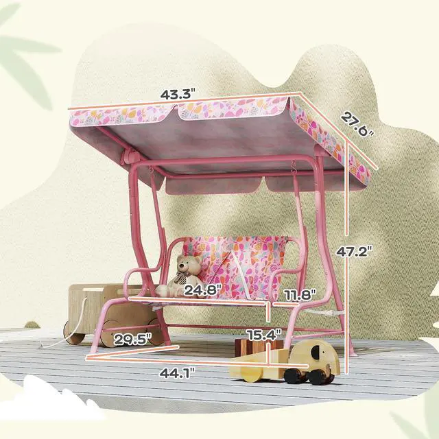 Alt view image 7 of 7 - Qaba Kids Patio Swing 2-Seater w/Adjustable Canopy Butterfly Pattern Pink | Outdoor Porch Swing Chair, Safety Belt, Hanging Bench, for Garden, Backyard