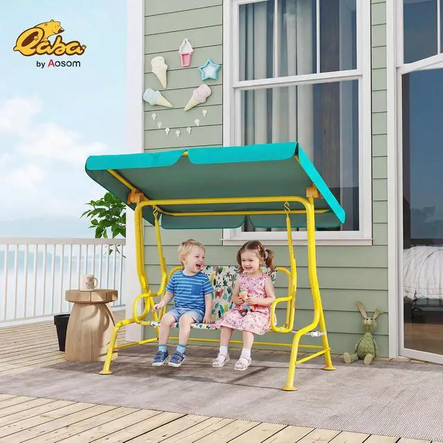 Alt view image 2 of 7 - Qaba Kids Patio Swing 2-Seater w/Adjustable Canopy Animal Pattern Green | Outdoor Porch Swing Chair, Safety Belt, Hanging Bench, for Garden, Backyard