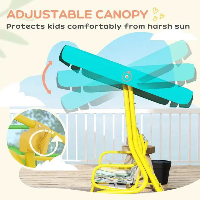 Alt view image 3 of 7 - Qaba Kids Patio Swing 2-Seater w/Adjustable Canopy Animal Pattern Green | Outdoor Porch Swing Chair, Safety Belt, Hanging Bench, for Garden, Backyard