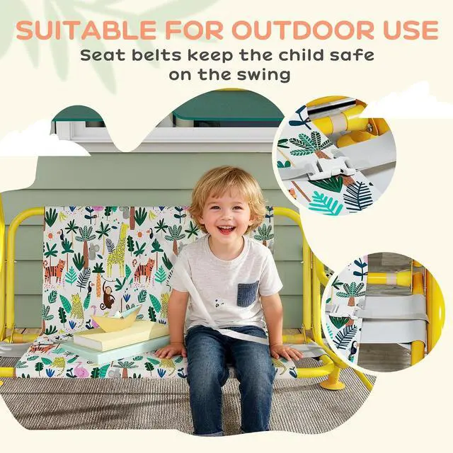 Alt view image 6 of 7 - Qaba Kids Patio Swing 2-Seater w/Adjustable Canopy Animal Pattern Green | Outdoor Porch Swing Chair, Safety Belt, Hanging Bench, for Garden, Backyard