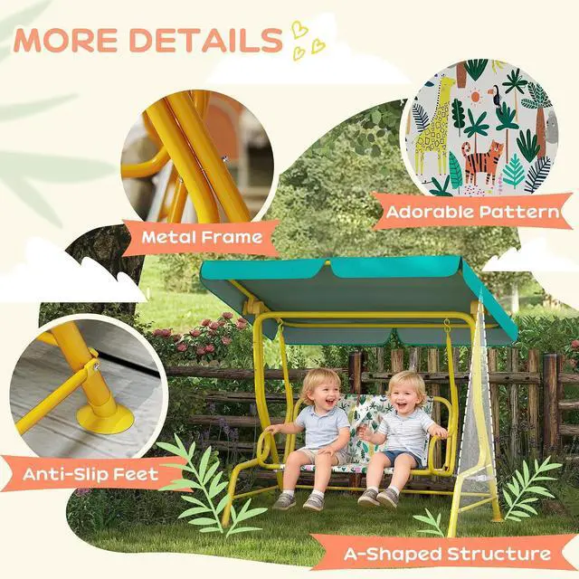 Alt view image 5 of 7 - Qaba Kids Patio Swing 2-Seater w/Adjustable Canopy Animal Pattern Green | Outdoor Porch Swing Chair, Safety Belt, Hanging Bench, for Garden, Backyard