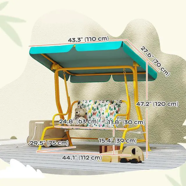 Alt view image 7 of 7 - Qaba Kids Patio Swing 2-Seater w/Adjustable Canopy Animal Pattern Green | Outdoor Porch Swing Chair, Safety Belt, Hanging Bench, for Garden, Backyard