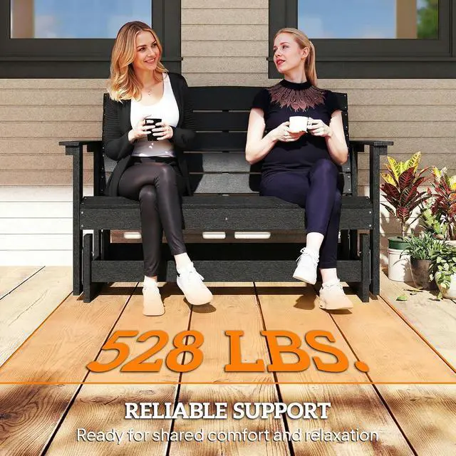 Alt view image 6 of 7 - 2-Person Outdoor Glider Bench HDPE Weather Resistant Black | Patio Double Swing Glider Rocking Chair Loveseat, with Armrests, Slatted Seat and Backrest, for Backyard Garden Porch