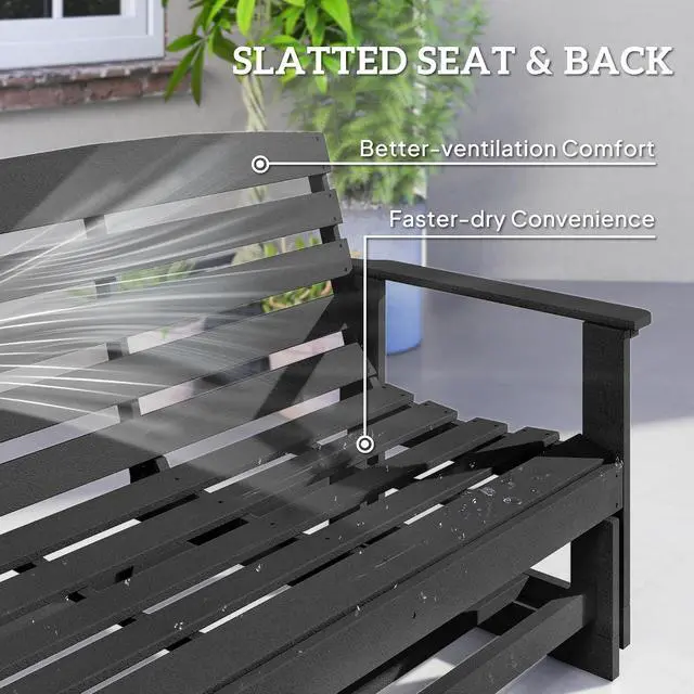 Alt view image 7 of 7 - 2-Person Outdoor Glider Bench HDPE Weather Resistant Black | Patio Double Swing Glider Rocking Chair Loveseat, with Armrests, Slatted Seat and Backrest, for Backyard Garden Porch