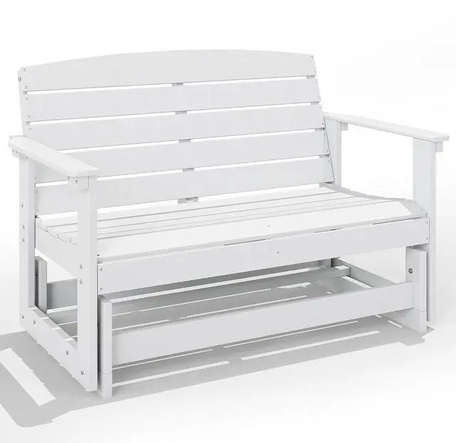 Main image of 2-Person Outdoor Glider Bench HDPE Weather Resistant White | Patio Double Swing Glider Rocking Chair Loveseat, with Armrests, Slatted Seat and Backrest, for Backyard Garden Porch