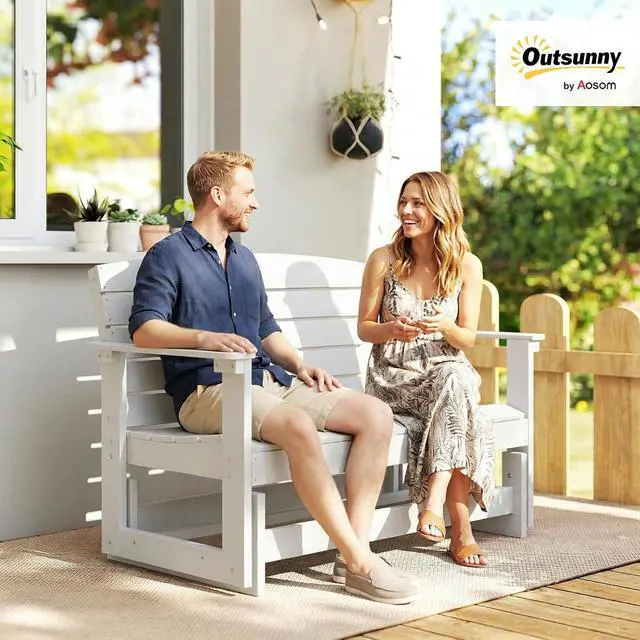 Alt view image 2 of 7 - 2-Person Outdoor Glider Bench HDPE Weather Resistant White | Patio Double Swing Glider Rocking Chair Loveseat, with Armrests, Slatted Seat and Backrest, for Backyard Garden Porch