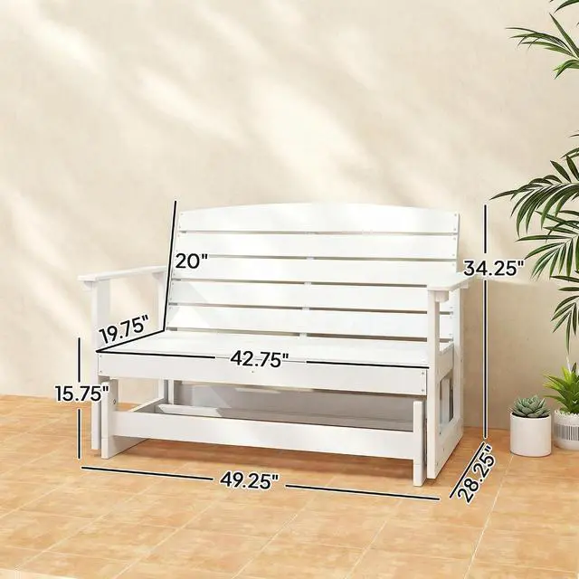 Alt view image 3 of 7 - 2-Person Outdoor Glider Bench HDPE Weather Resistant White | Patio Double Swing Glider Rocking Chair Loveseat, with Armrests, Slatted Seat and Backrest, for Backyard Garden Porch