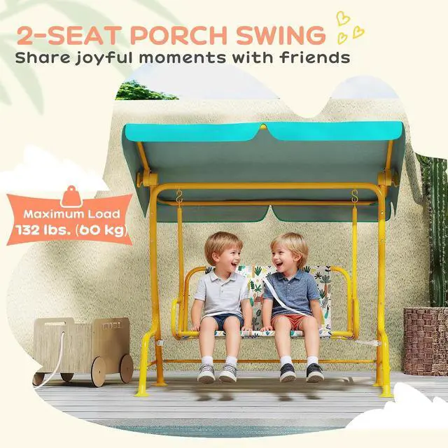 Alt view image 4 of 7 - Qaba Kids Patio Swing 2-Seater w/Adjustable Canopy Animal Pattern Green | Outdoor Porch Swing Chair, Safety Belt, Hanging Bench, for Garden, Backyard