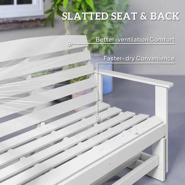 Alt view image 7 of 7 - 2-Person Outdoor Glider Bench HDPE Weather Resistant White | Patio Double Swing Glider Rocking Chair Loveseat, with Armrests, Slatted Seat and Backrest, for Backyard Garden Porch
